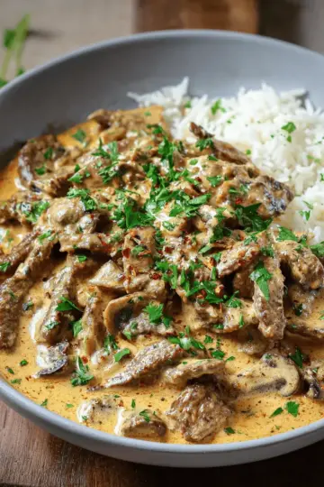 Creamy Beef Stroganoff & Rice