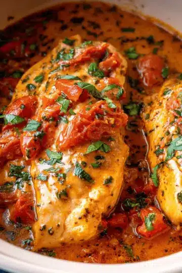 Slow Cooker Tomato Basil Chicken Breasts
