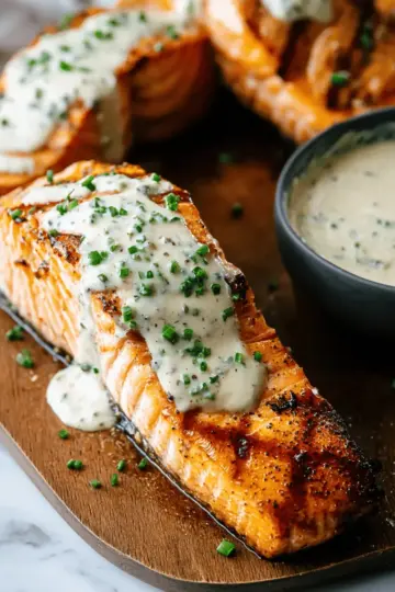 Grilled Salmon Steaks with Creamy Mustard Chive Sauce